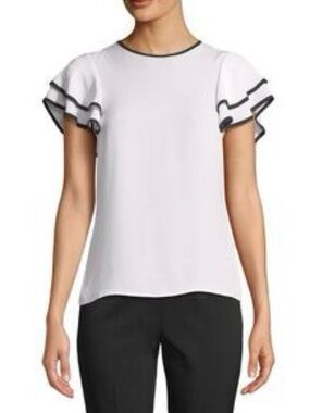 ANNE FONTAINE CEDRINE Blouse White Sleeveless Ruffle Sleeve Top Black Trim Sz 40